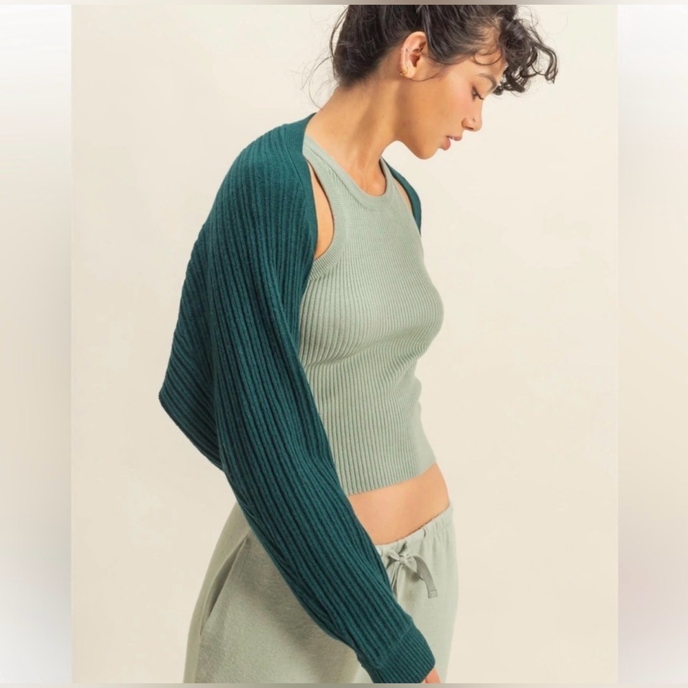 NEW Double Zero Green Ribbed Knit Cropped Bolero Cardigan Open Front Medium - Picture 2 of 5